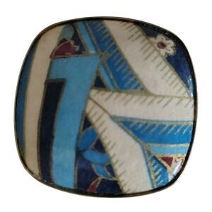 1990s Abstract Graphic Design Square Enamel Brooch Encased in Metal Vintage